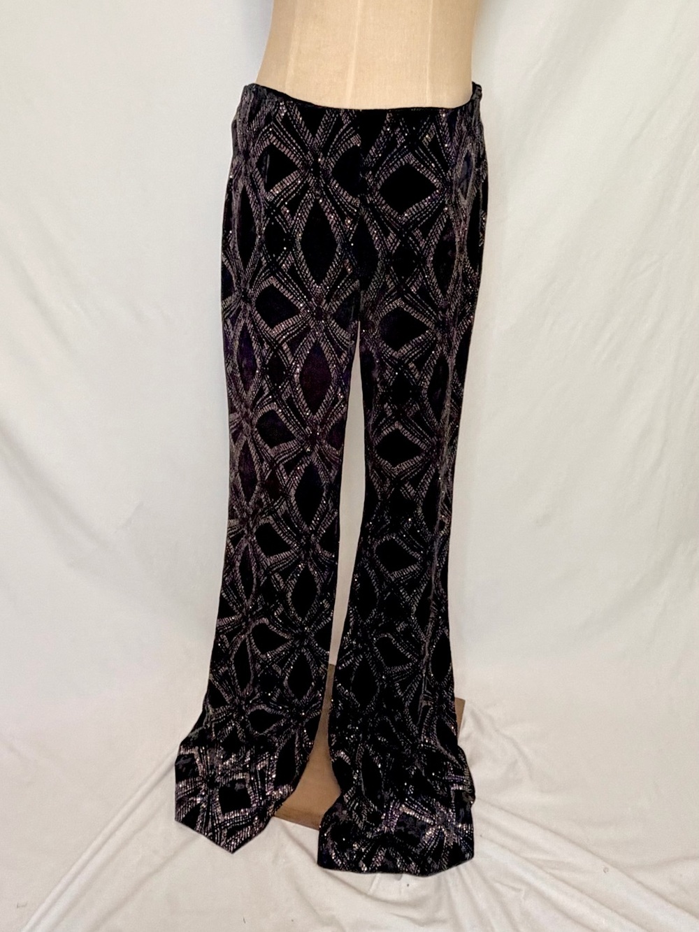 Zara Black Velvet Flare Pants with Silver Geometric Pattern